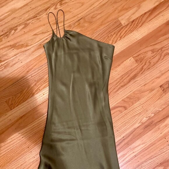 Rich Olive Green Asymmetrical One-Shoulder Slip Long Dress - Size XS - Picture 1 of 5